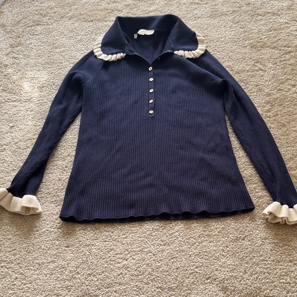 LOFT Tops - LOFT Navy and Cream Sweater with Ruffle Collar and Cuffs